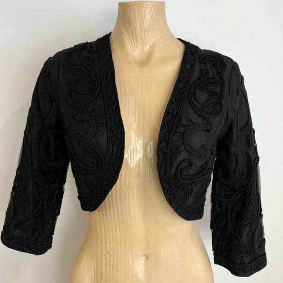 Vintage LeChateau Women’s Small Black Embroidered Cropped Jacket Coat Open - Picture 6 of 13